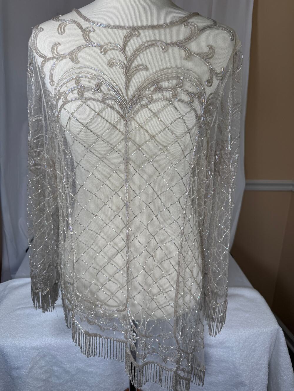 Vintage Champagne beaded sheer overlay top asymmetrical hem intricate